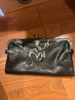 PLAYBOY Black Wallet Clutch with Cream Snake-Print Bunny